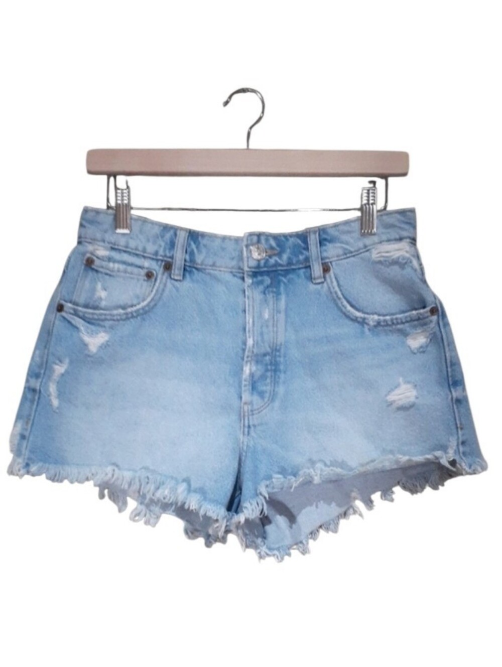ZARA Women's Light Blue Denim Jean Shorts Distressed Button Fly Size 6